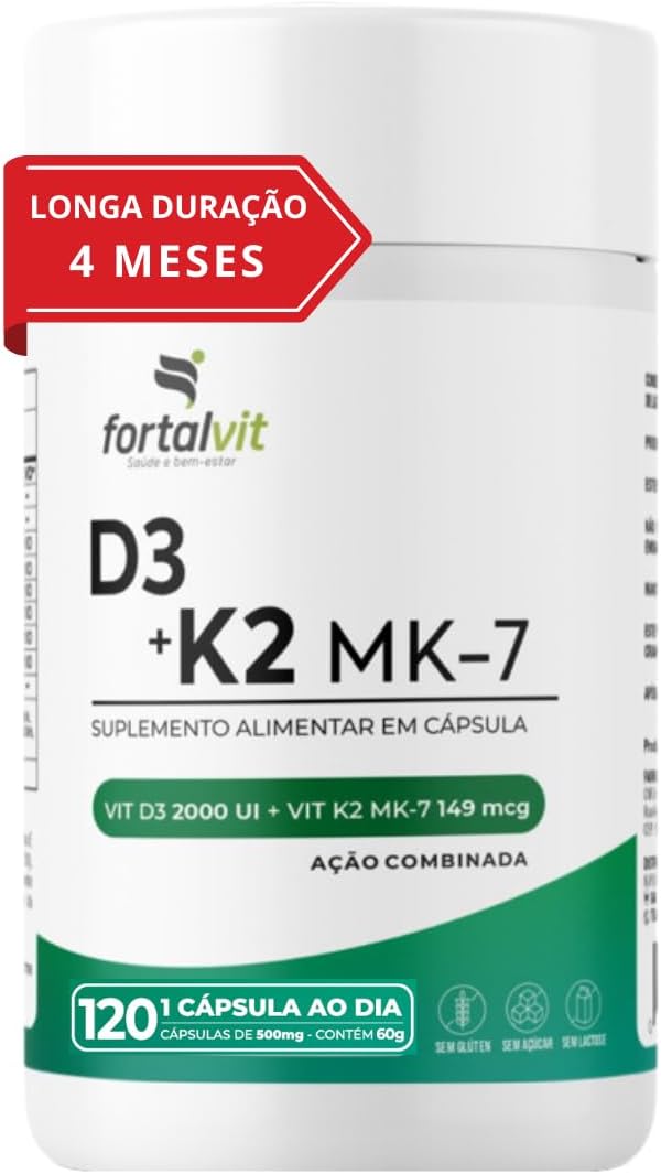 Vitamina D3 + K2 Longa Duração: 4 Meses Uso, 2000UI D3, 149mcg Vitamina K2 MK-7, 120 Cápsulas, Fortalvit